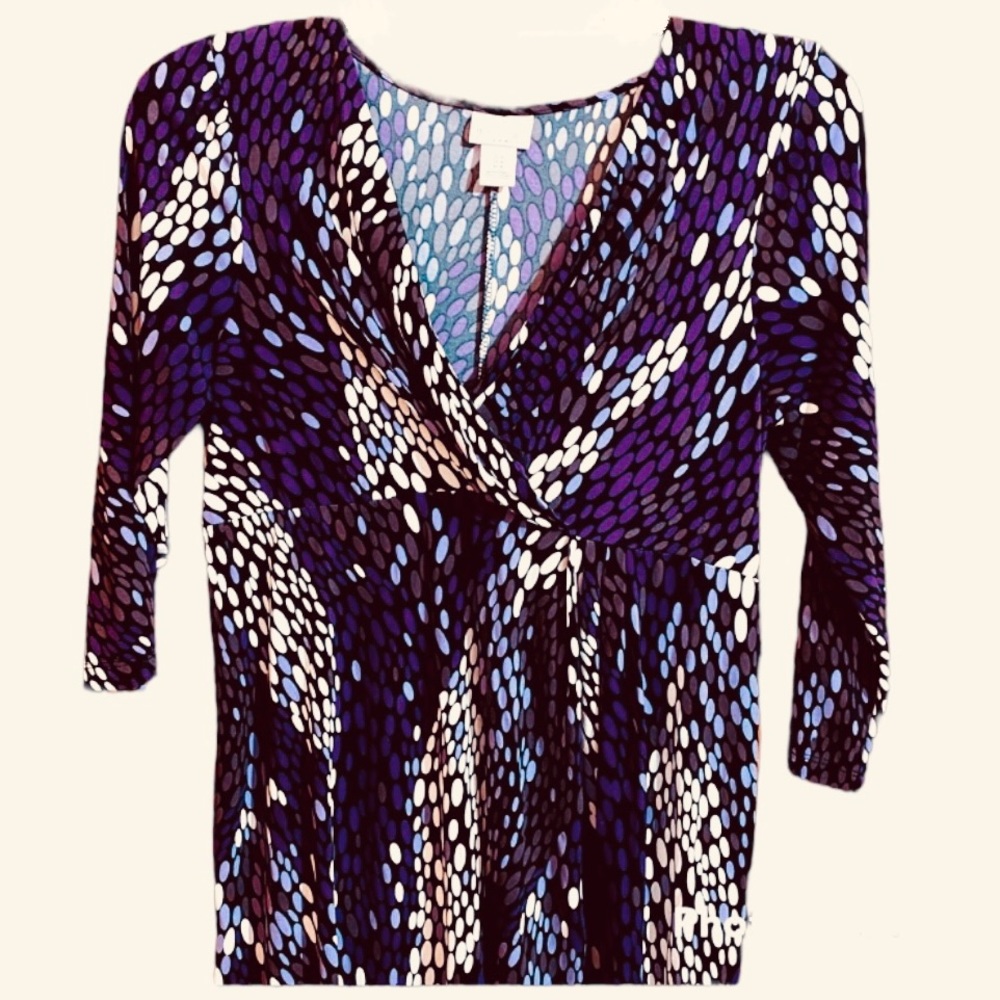 Motherhood Maternity Vneck Purple print 3/4 Sleeve Dress size M